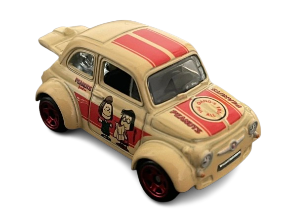 Hot Wheels 2025 - Silver Series / Theme / Peanuts 75 Years Series 5/5 - '60s Fiat 500D Modificado - Cream / Peppermint Patty & Marcie on Door - Red S5 Wheels - Walmart Exclusive
