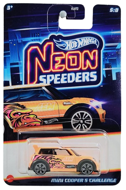 Hot Wheels 2025 - Theme / Neon Speeders 5/8 / Mix 1 - Mini Cooper S Challenge - Neon Orange / Gorilla Graphic - NS6 Wheels - Walmart Exclusive