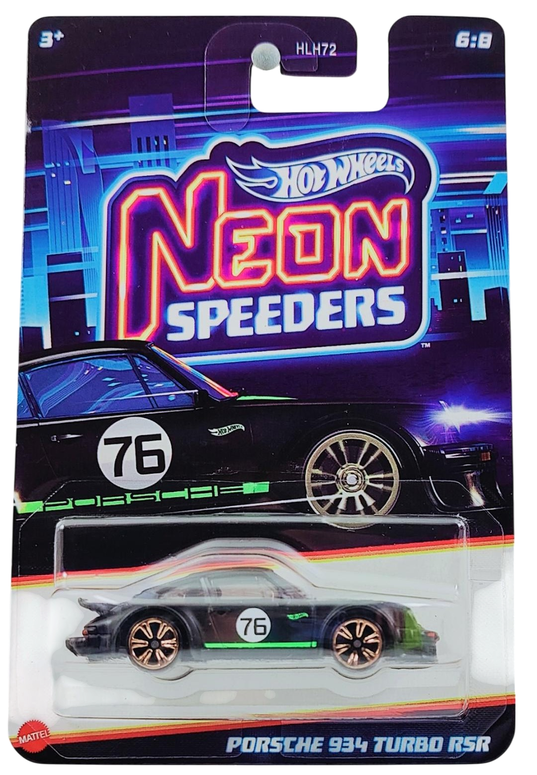 Hot Wheels 2025 - Theme / Neon Speeders 6/8 / Mix 2 - Porsche 934 Turbo RSR - Matte Black / #76 with Stripes - Copper Speeders 6-Spoke (NS6) Wheels - Walmart Exclusive