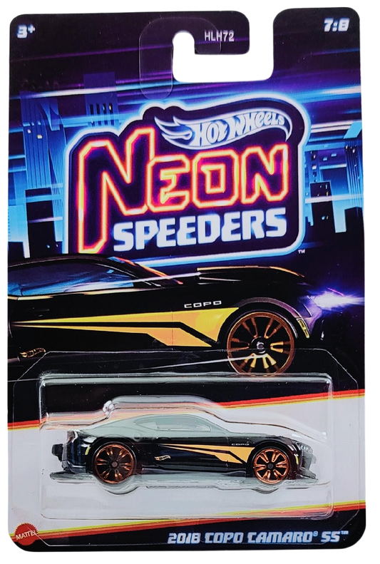 Hot Wheels 2025 - Theme / Neon Speeders 7/8 / Mix 2 - 2018 COPO Camaro SS - Glossy Black / Orange Stripes - Orange Chrome Speeders 6-Spoke (NS6) Wheels - Walmart Exclusive