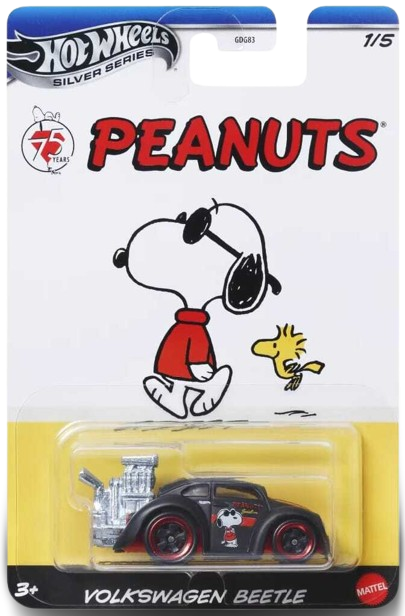 Hot Wheels 2025 - Silver Series / Theme / Peanuts 75 Years Series 1/5 - Volkswagen Beetle - Matte Black / Snoopy on Door - BC5 Wheels - Walmart Exclusive