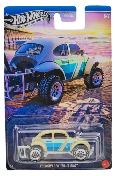 Hot Wheels 2025 - Silver Series / Theme Series / Surf's Up Series 5/5 - Volkswagen "Baja Bug" - Tan / Blue Fade Stripes - Chrome Off-Road Steelie - Walmart Exclusive