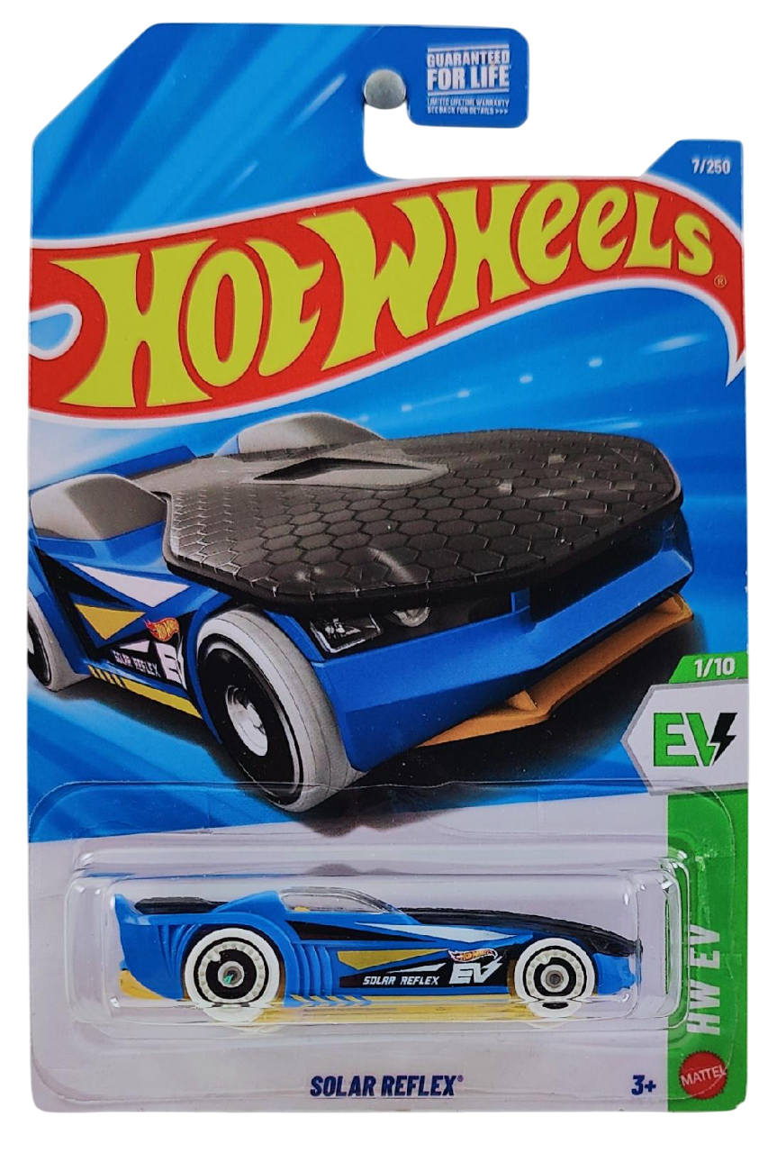 Hot Wheels 2026 - Collector # 007/250 - HW EV 1/10 - Solar Reflex - Blue / Yellow Base - White Aero Disc Wheels &amp; Tires - USA Card