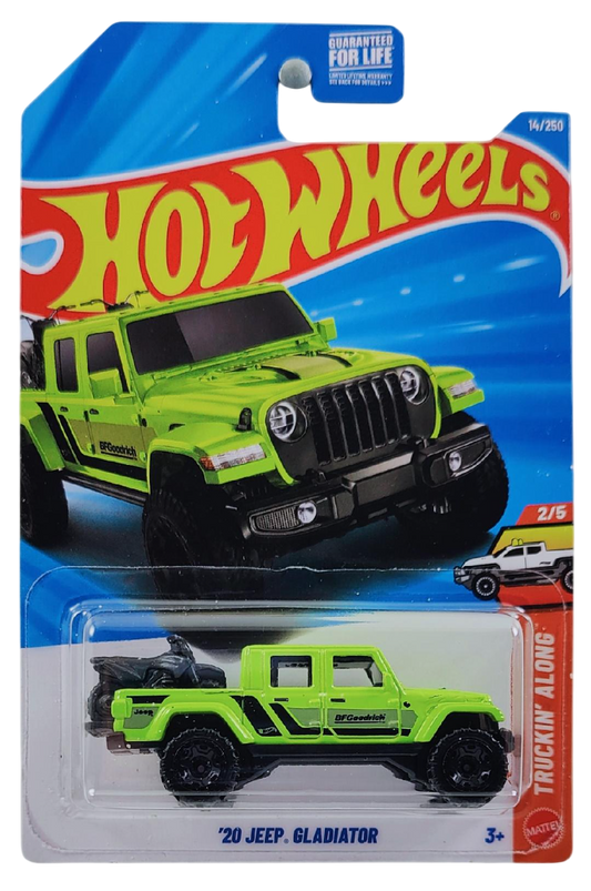 Hot Wheels 2026 - Collector # 014/250 - Truckin' Along 2/5 - '20 Jeep Gladiator - Neon Green - 2 Motorcycles molded in bed - USA Card