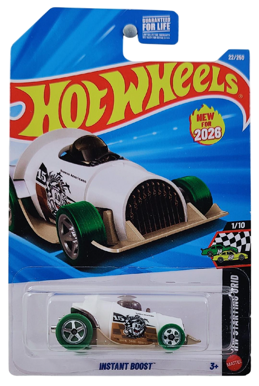 Hot Wheels 2026 - Collector # 022/250 - HW Starting Grid 1/10 - New Models - Instant Boost - White - 5 Spokes on Green Tires - USA Card