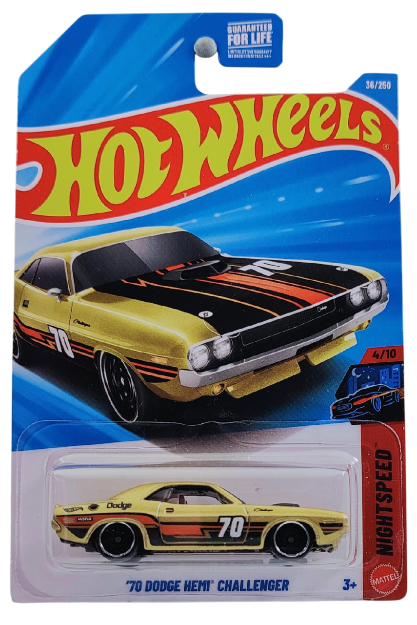 Hot Wheels 2026 - Collector # 036/250 - Nightspeed 4/10 - '70 Dodge HEMI Challenger - Metalflake Goldenrod / #70 - DD8 Wheels - USA '2026' Card