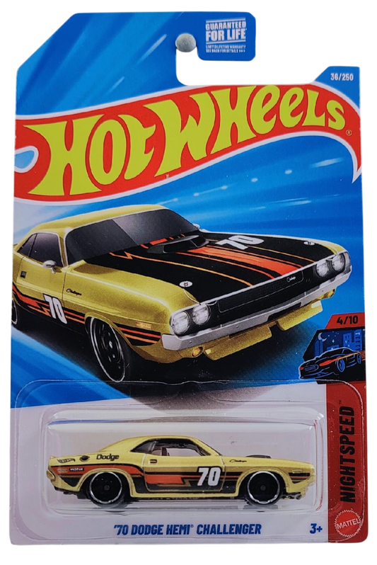 Hot Wheels 2026 - Collector # 036/250 - Nightspeed 4/10 - '70 Dodge HEMI Challenger - Metalflake Goldenrod / #70 - DD8 Wheels - USA '2026' Card