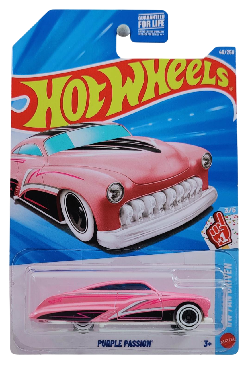 Hot Wheels 2026 - Collector # 046/250 - HW Fan Driven 3/5 - Purple Passion - Metalflake Pink - White Walls on 5 Spoke Wheels - USA Card