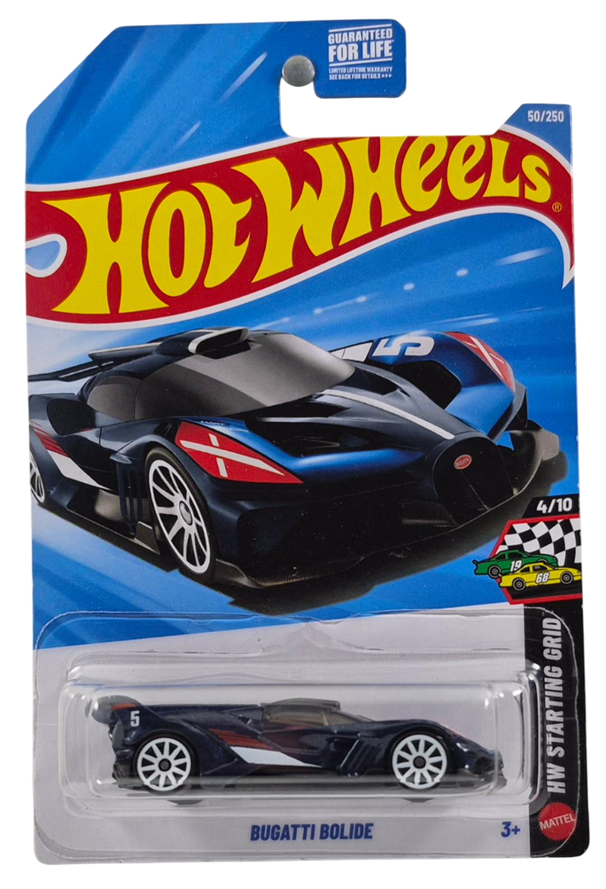 Hot Wheels 2026 - Collector # 050/250 - HW Starting Grid 4/10 - Bugatti Bolide - Metalflake Navy Blue - White 10 Spoke Wheels - USA '2026' Card