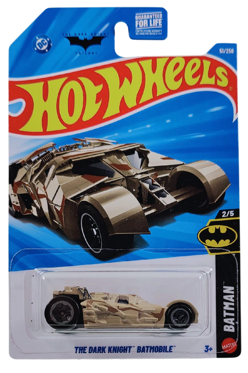 Hot Wheels 2026 - Collector # 051/250 - Batman 2/5 - The Dark Knight Batmobile - Tan Camo - Gray 5 Spoke Wheels - USA '2026' Card