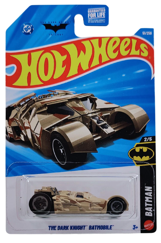 Hot Wheels 2026 - Collector # 051/250 - Batman 2/5 - The Dark Knight Batmobile - Tan Camo - Gray 5 Spoke Wheels - USA '2026' Card