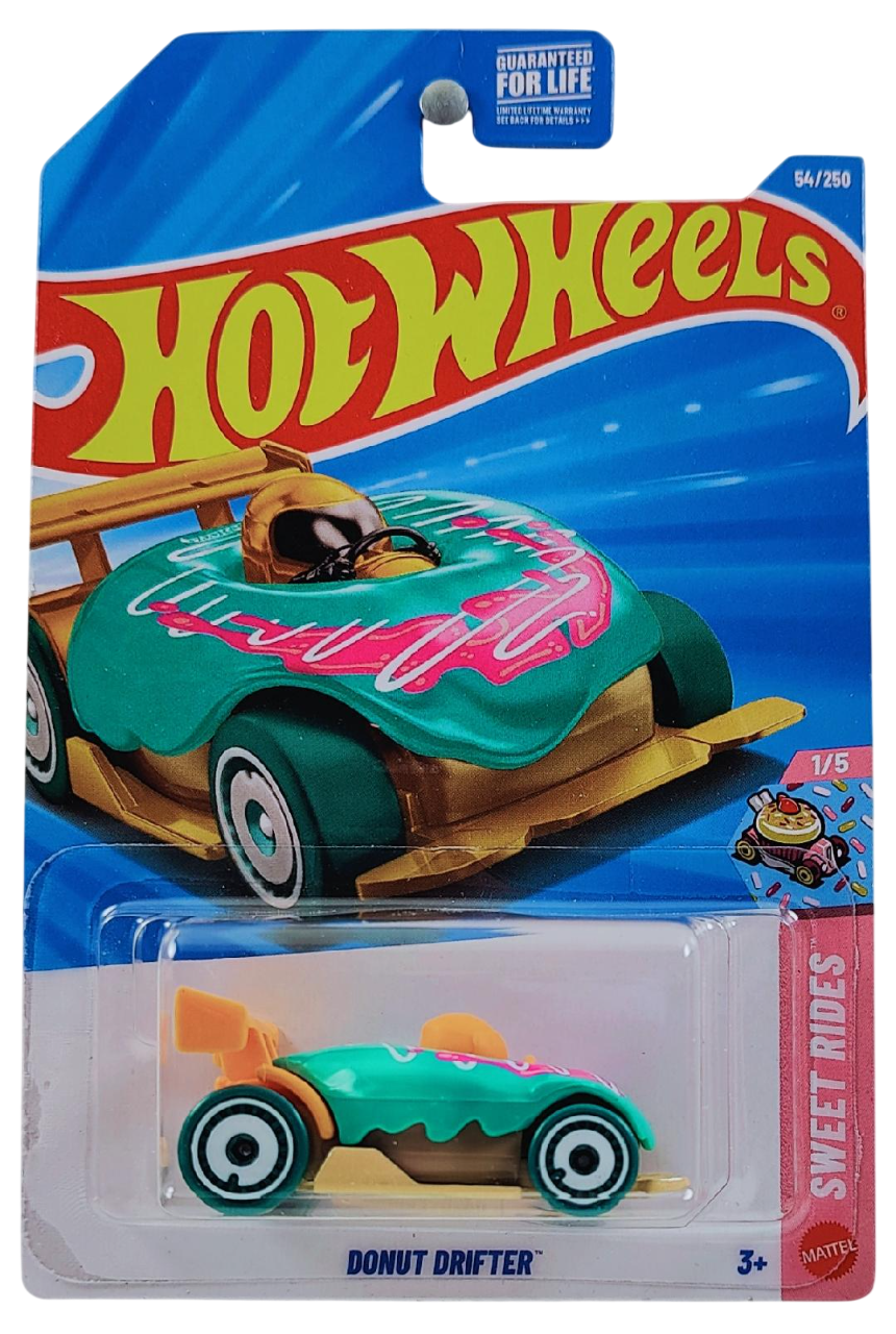 Hot Wheels 2026 - Collector # 054/250 - Sweet Rides 1/5 - Donut Drifter - Teal & Orange - White Aero Disc Wheels - USA '2026' Card