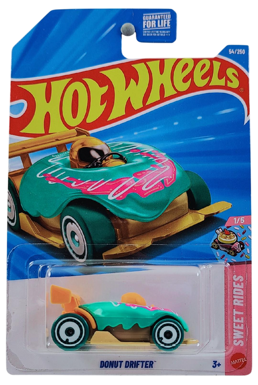 Hot Wheels 2026 - Collector # 054/250 - Sweet Rides 1/5 - Donut Drifter - Teal & Orange - White Aero Disc Wheels - USA '2026' Card
