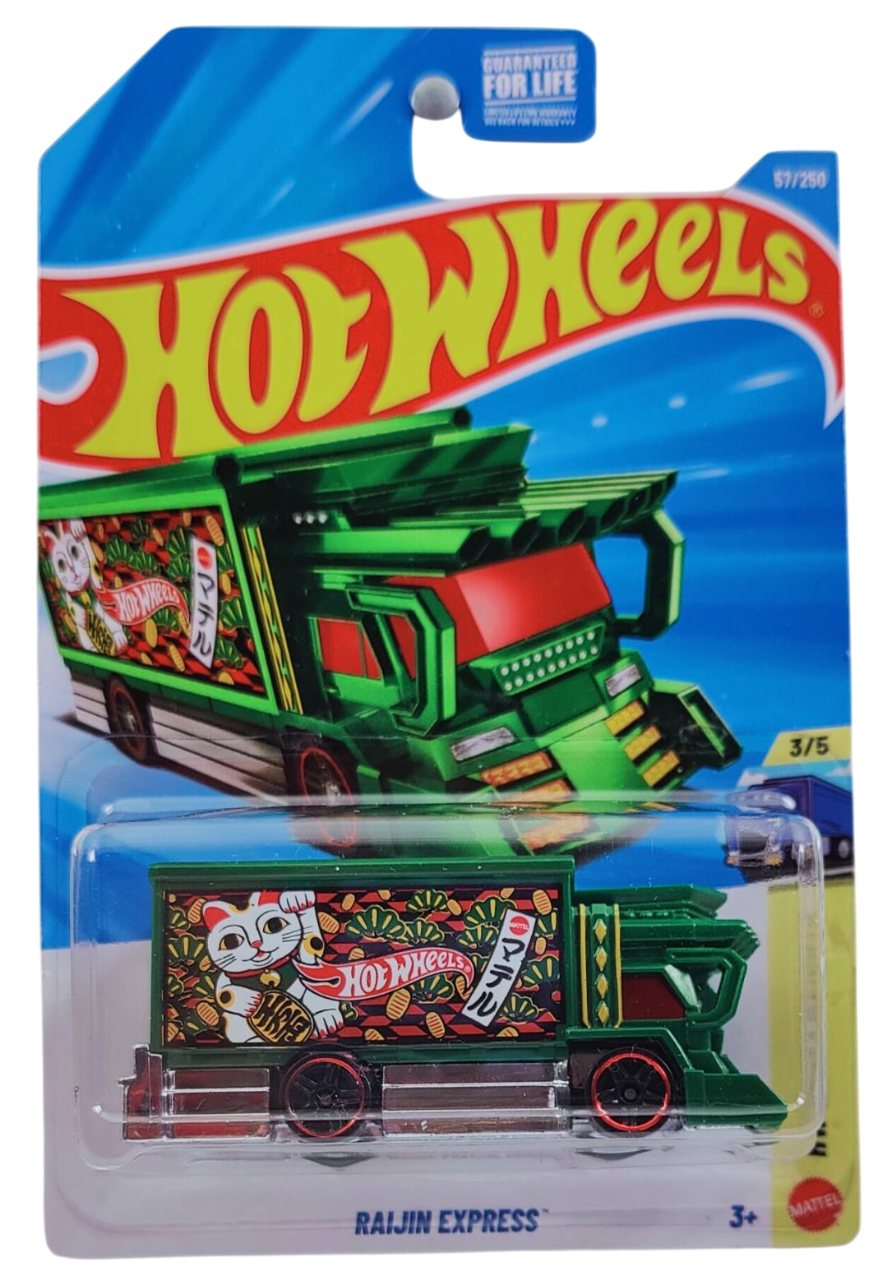 Hot Wheels 2026 - Collector # 057/250 - HW Heavyweights 3/5 - Raijin Express - Dark Green / Maneki-Neko & Hot Wheels logo  - PR5 Wheels - USA '2026' Card