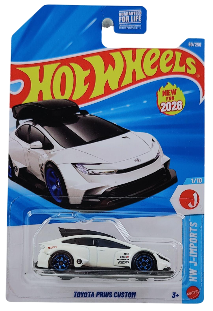 Hot Wheels 2026 - Collector # 060/250 - HW J-Imports 1/10 - New Models - Toyota Prius Custom - with Roofbox - Wind Chill Pearl White - Blue 6 Spoke Wheels - USA '2026' Card