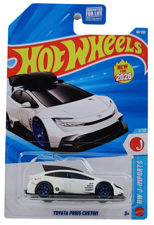 Hot Wheels 2026 - Collector # 060/250 - HW J-Imports 1/10 - New Models - Toyota Prius Custom - with Roofbox - Wind Chill Pearl White - Blue 6 Spoke Wheels - USA '2026' Card