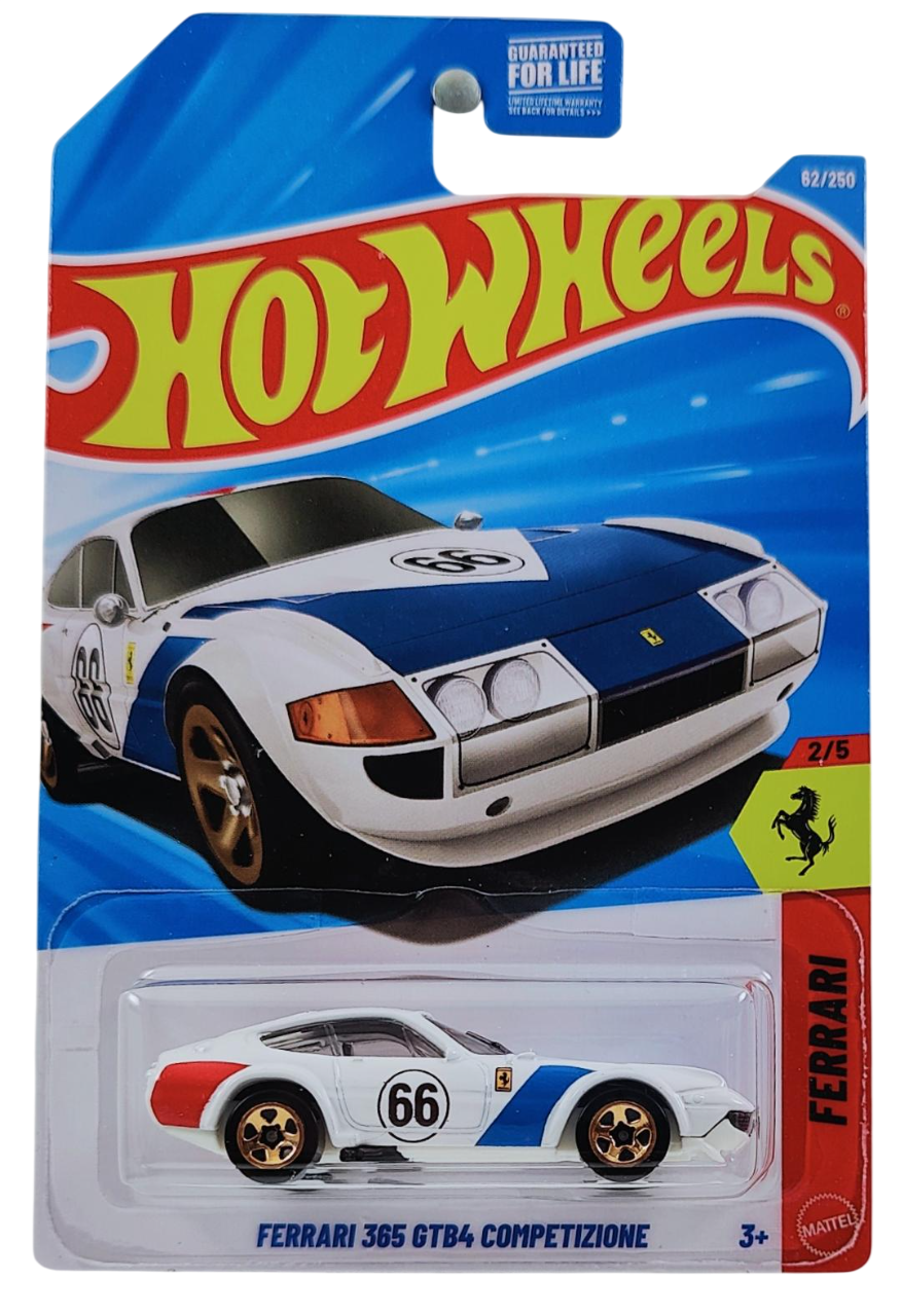 Hot Wheels 2026 - Collector # 062/250 - Ferrari 2/5 - Ferrari 365 GTB4 Competizione - Bianco Polo White / #66 - Bronze 5 Spoke Wheels - USA '2026' Card