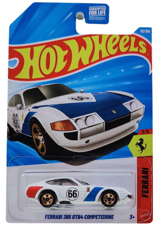 Hot Wheels 2026 - Collector # 062/250 - Ferrari 2/5 - Ferrari 365 GTB4 Competizione - Bianco Polo White / #66 - Bronze 5 Spoke Wheels - USA '2026' Card