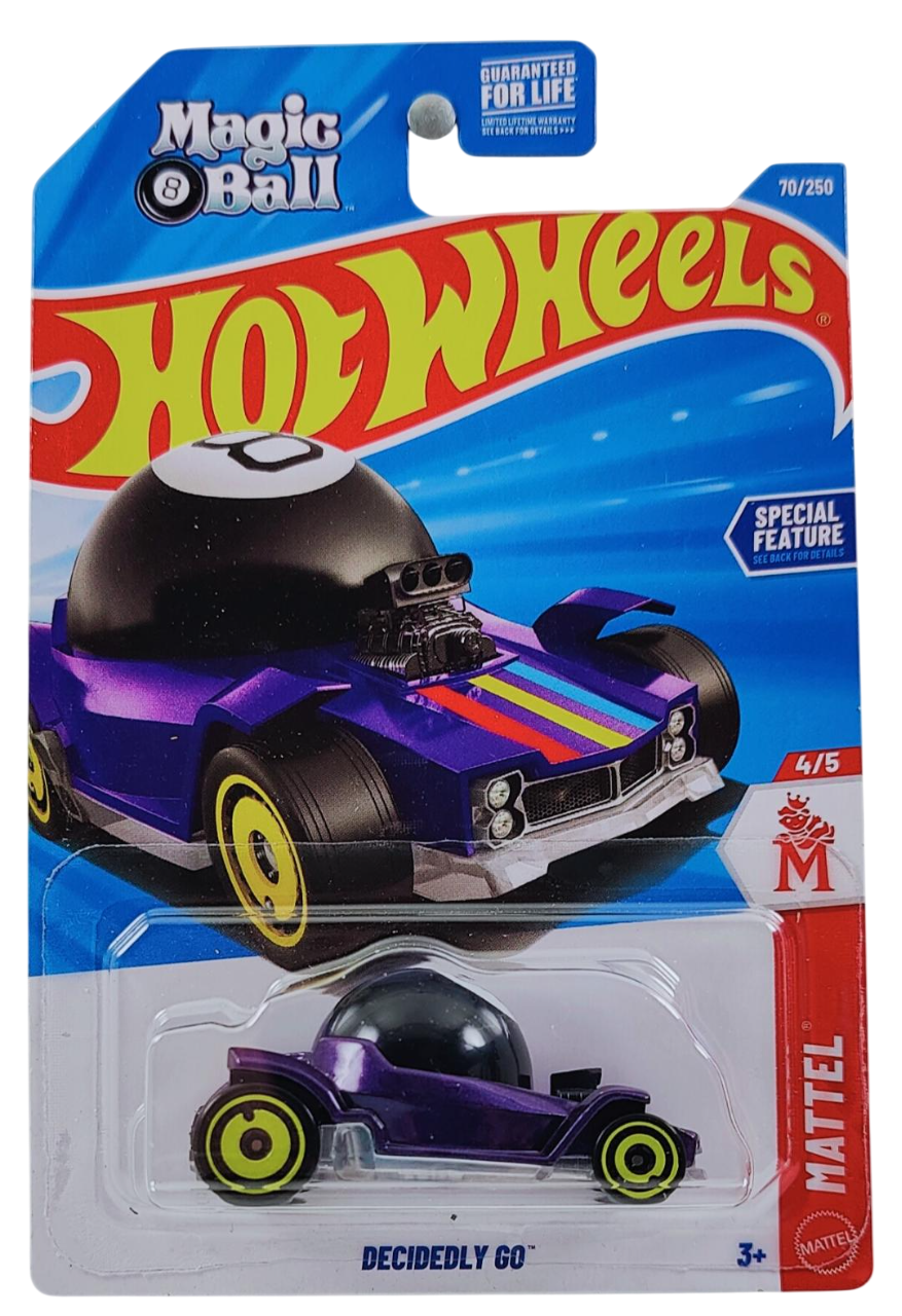 Hot Wheels 2026 - Collector # 070/250 - Mattel 4/5 - Decidedly Go - Metalflake Purple - Yellow Aero Disc Wheels - USA 'Magic Ball' Card