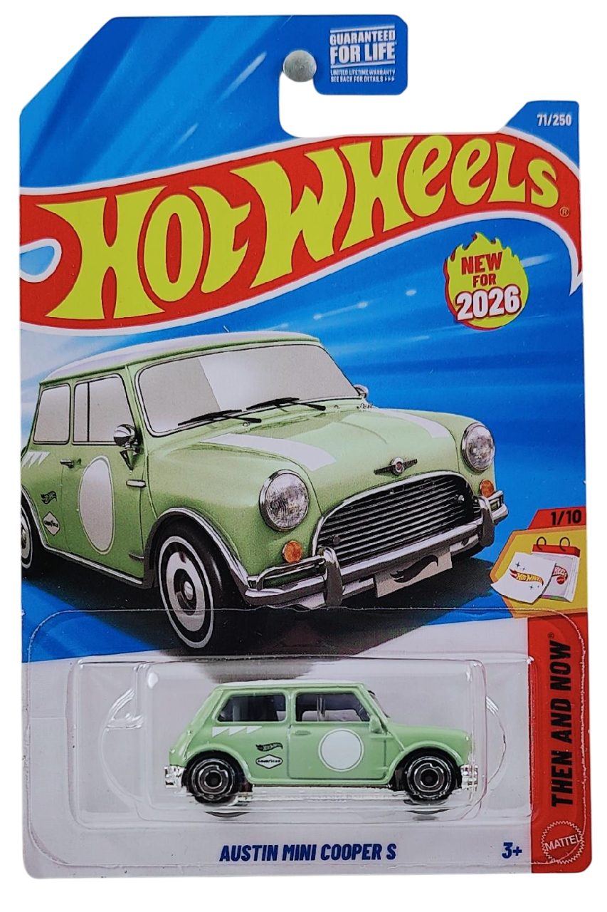 Hot Wheels 2026 - Collector # 071/250 - Then and Now 1/10 - New Models - Austin Mini Cooper S - Pale Green - Aero Disc Wheels - USA '2026' Card