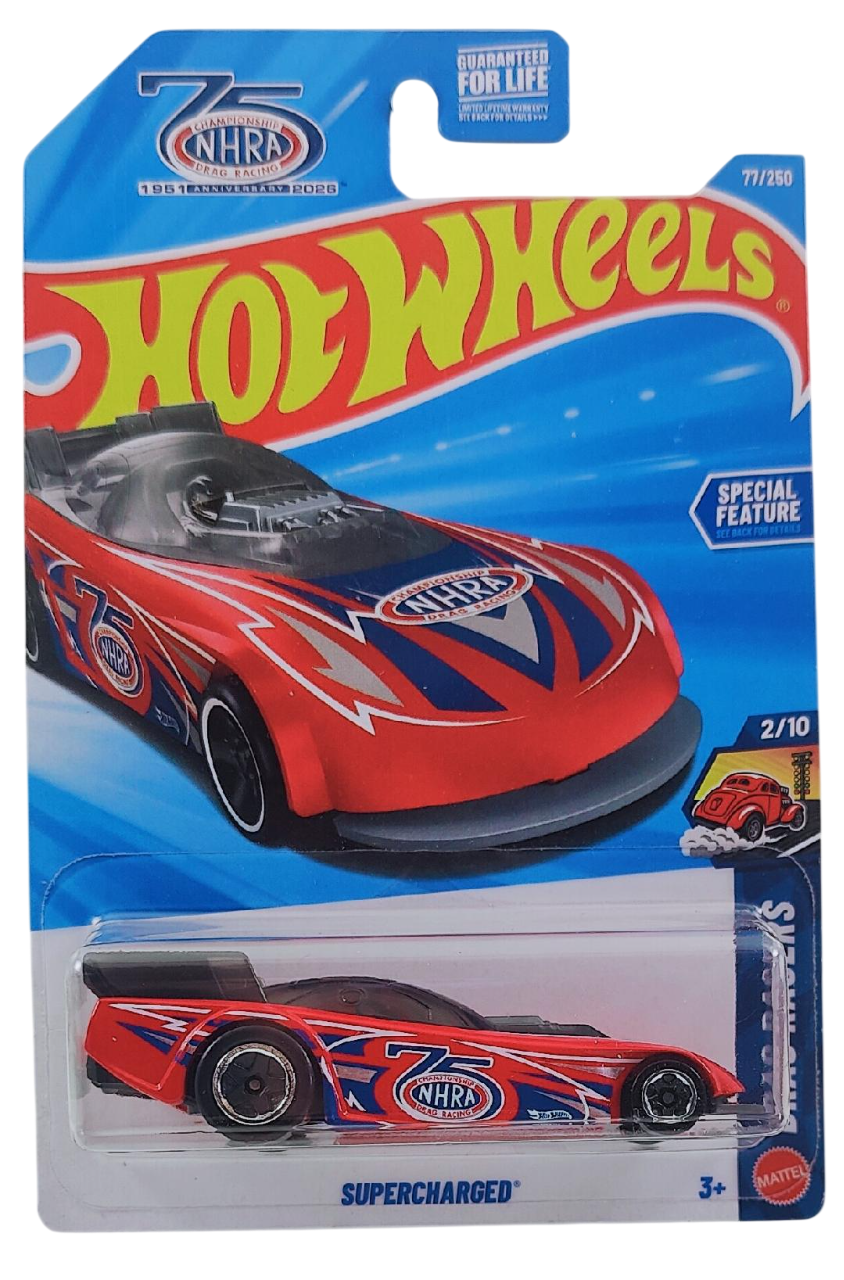 Hot Wheels 2026 - Collector # 077/250 - Drag Racers 2/10 - Supercharger - Red - USA 'NHRA 75th' Card