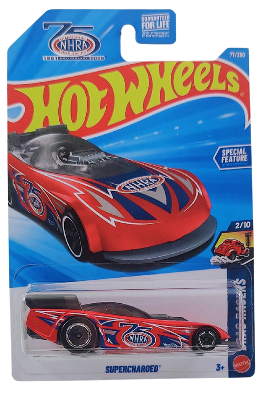 Hot Wheels 2026 - Collector # 077/250 - Drag Racers 2/10 - Supercharger - Red - USA 'NHRA 75th' Card