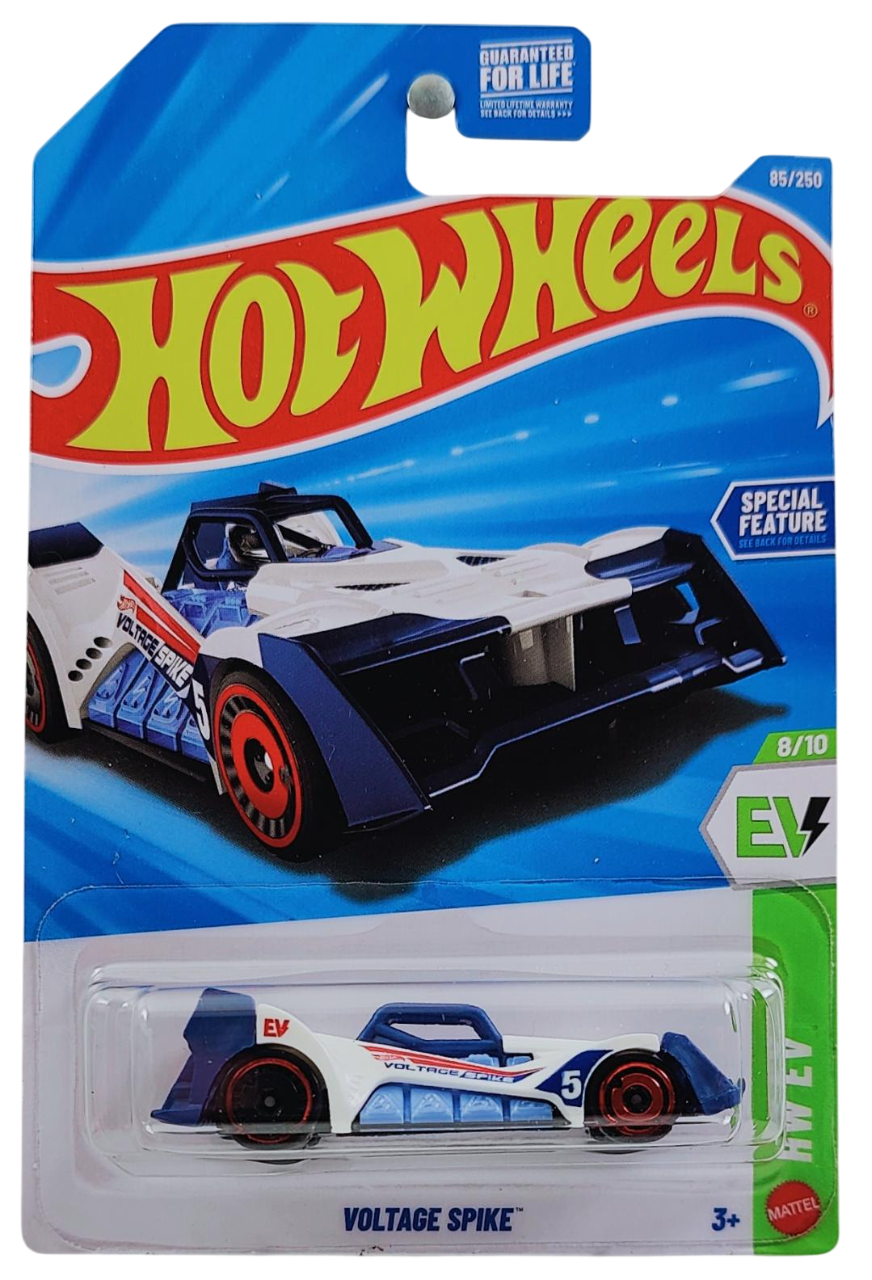 Hot Wheels 2026 - Collector # 085/250 - HW EV 8/10 - Voltage Spike - White / Blue Nose & Tail - Red Chrome & Black Aero Disc - USA '2026' Card