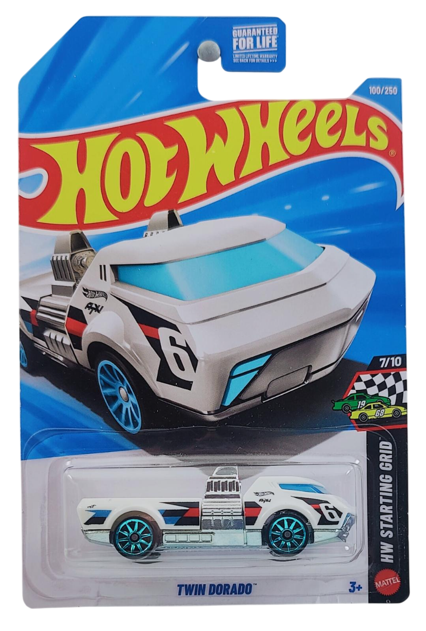 Hot Wheels 2026 - Collector # 100/250 - HW Starting Grid 7/10 - Twin Dorado - White - Chrome Blue 10 Spoke Wheels - USA '2026' Card