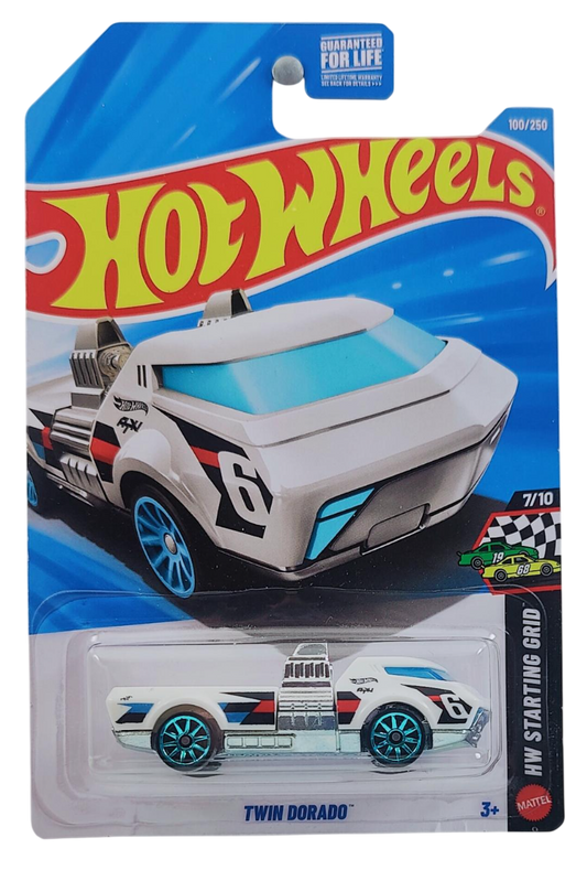 Hot Wheels 2026 - Collector # 100/250 - HW Starting Grid 7/10 - Twin Dorado - White - Chrome Blue 10 Spoke Wheels - USA '2026' Card