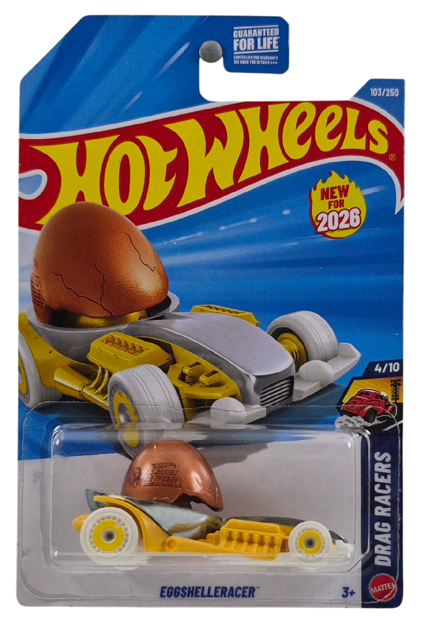 Hot Wheels 2026 - Collector # 103/250 - Drag Racers 4/10 - New Models - Eggshellracer - Metalflake Burnt Orange, ZAMAC & Yellow - White & Yellow AeroDisc Wheels - USA '2026' Card