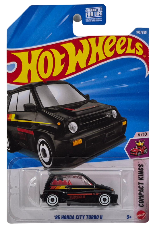 Hot Wheels 2026 - Collector # 105/250 - Compact Kings 4/10 - '85 Honda City Turbo II - Black - White Aero Disc Wheels - USA '2026' Card