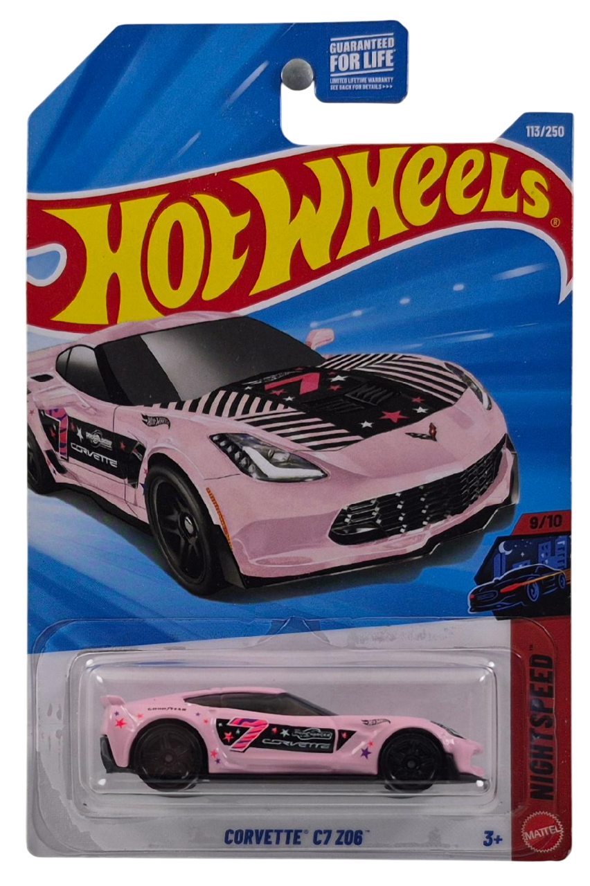 Hot Wheels 2026 - Collector # 113/250 - Nightspeed 9/10 - Corvette C7 Z06 - Pink / #7 - Black PR5 Wheels - USA '2026' Card