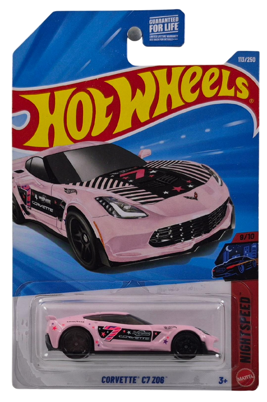 Hot Wheels 2026 - Collector # 113/250 - Nightspeed 9/10 - Corvette C7 Z06 - Pink / #7 - Black PR5 Wheels - USA '2026' Card