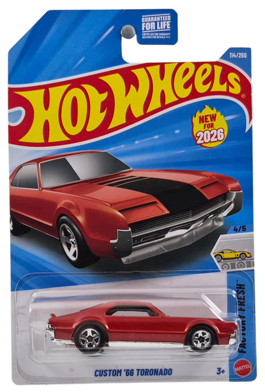 Hot Wheels 2026 - Collector # 114/250 - HW Factory Fresh 4/5 - New Models - Custom '66 Toronado - Metalflake Red - 5 Spoke Wheels - USA '2026' Card