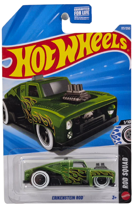 Hot Wheels 2026 - Collector # 117/250 - Rod Squad 1/10 - Erikenstein Rod - Metalflake Green - 5 Spoke Wheels with White Walls - USA '2026' Card