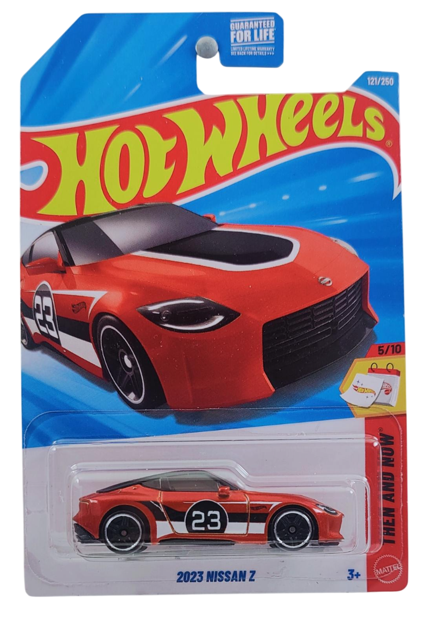 Hot Wheels 2026 - Collector # 121/250 - Then and Now 5/10 - 2023 Nissan Z - Dark Orange Metallic/ #23 - PR5 Wheels - USA '2026' Card