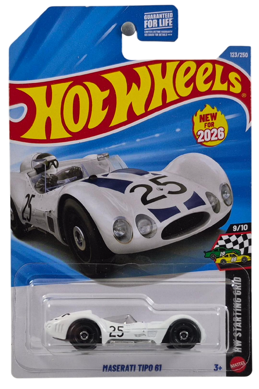 Hot Wheels 2026 - Collector # 123/250 - HW Starting Grid 9/10 - New Models - Maserati Tipo 61 - White / #25 - USA '2026' Card