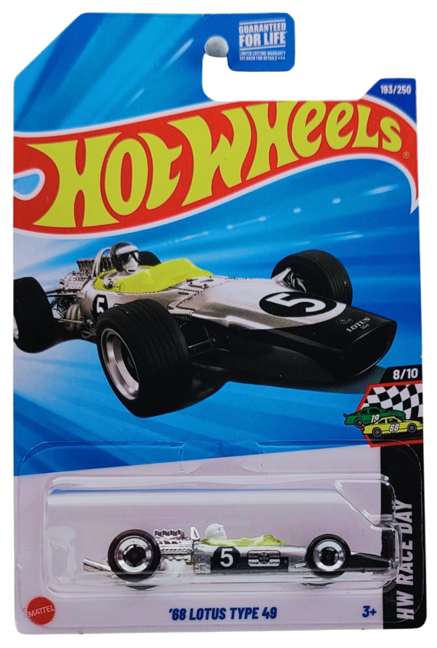Hot Wheels 2025 - Collector # 193/250 - HW Race Day 8/10 - '68 Lotus Type 49 - ZAMAC / #5 - L4 Wheels - Kroger Exclusive - USA Card