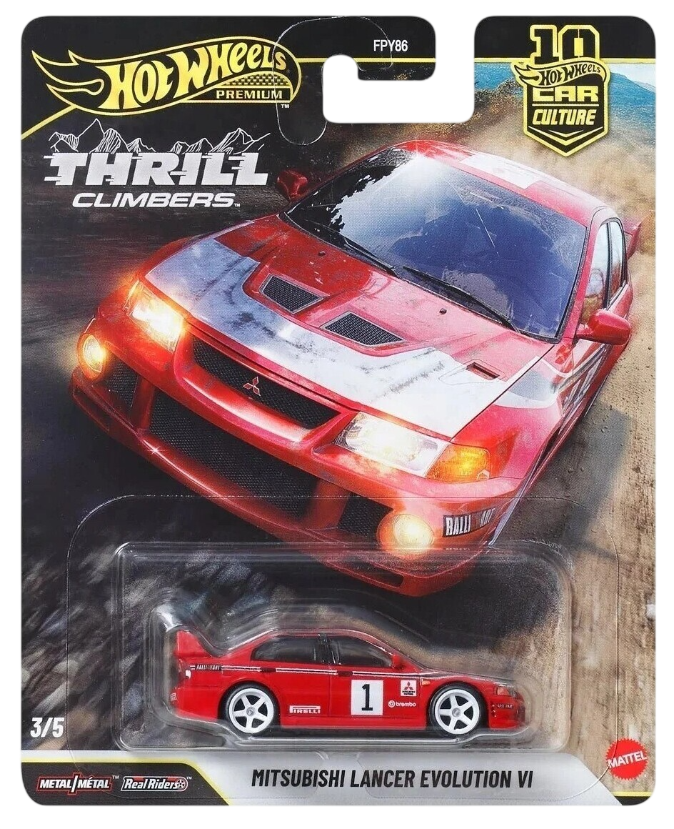 Hot Wheels 2026 - Premium / Car Culture / Thrill Climbers 3/5 - Mitsubishi Lancer Evolution VI - Red - Metal/Metal & Real Riders
