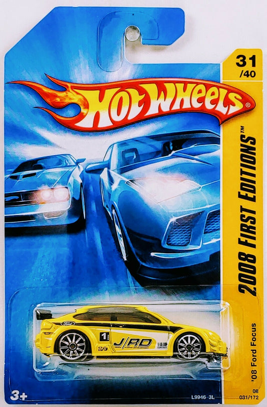 Hot Wheels 2008 - Collector # 031/172 - First Editions 31/40 - '08 Ford Focus - Yellow / #1 / 'J/RD' / White & Black Graphics - 10 Spoke (10SP) Wheels - International Card