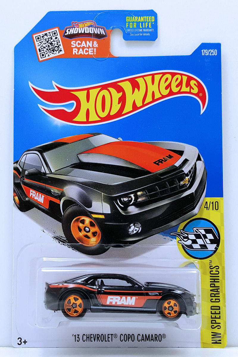 Hot Wheels 2016 - Collector # 179/250 - HW Speed Graphics 4/10 - '13 Chevrolet COPO Camaro - Black / Fram Filters - Orange 5 Spokes - USA 'Showdown' Card