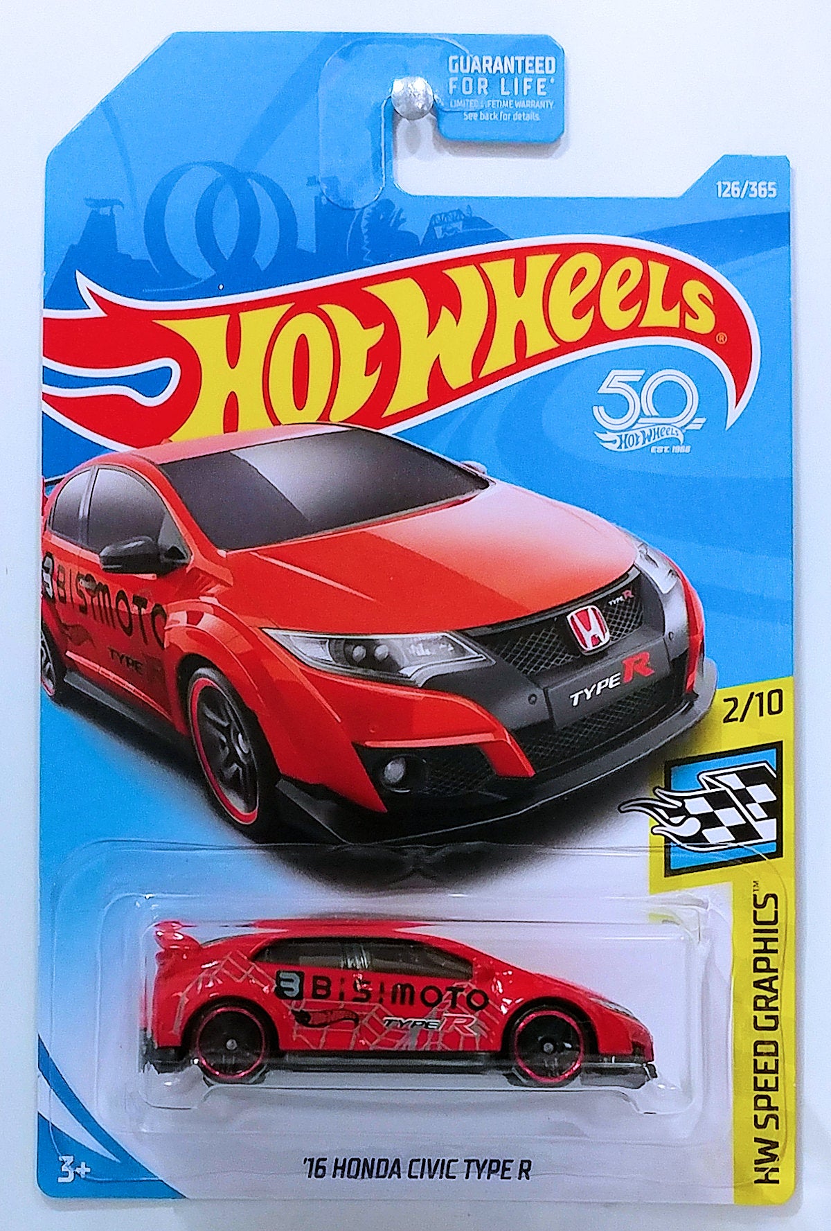 Hot Wheels 2018 - Collector # 126/365 - HW Speed Graphics 2/10 - '16 Honda Civic Type R - Red / BISTMOTO - PR5 Wheels - USA 50th Card