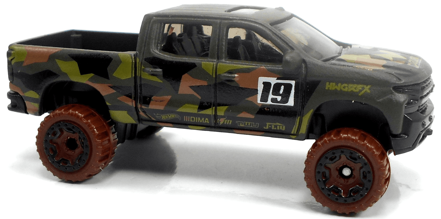 Hot Wheels 2021 - Collector # 080/250 - Baja Blazers 7/10 - '19 Chevy Silverado Trail Boss LT - Olive Drab Camo / #19 - Black BLOR Wheels on Brown Tires - USA Card