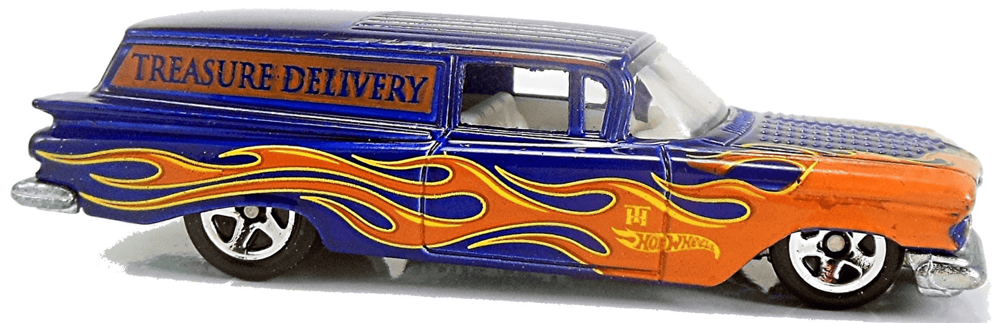 Hot Wheels 2011 - Collector # 065/244 - Treasure Hunts 15/15 - '59 Chevy Delivery - Dark Blue with Flames - 5 Spokes - Metal/Metal - USA Card
