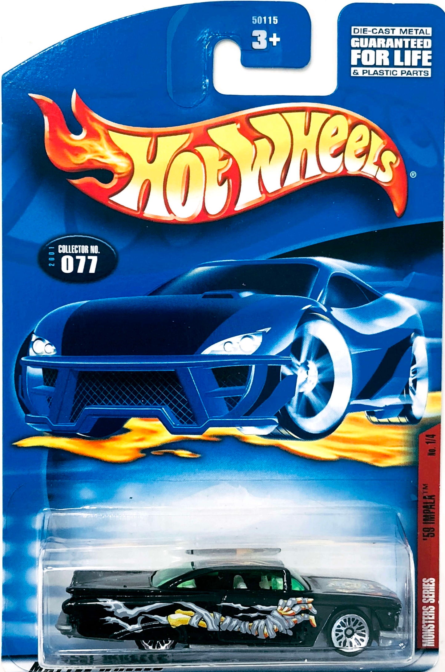 Hot Wheels 2001 - Collector # 077/240 - Monsters Series 1/4 - '59 Impala - Black / Mummy Graphics - Lace Wire Wheels - USA Card