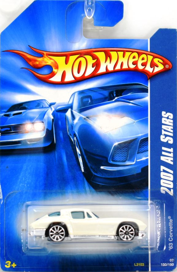 Hot Wheels 2007 - Collector # 150/180 - All Stars - '63 Corvette - White - 10 Spoke Wheels - USA Card