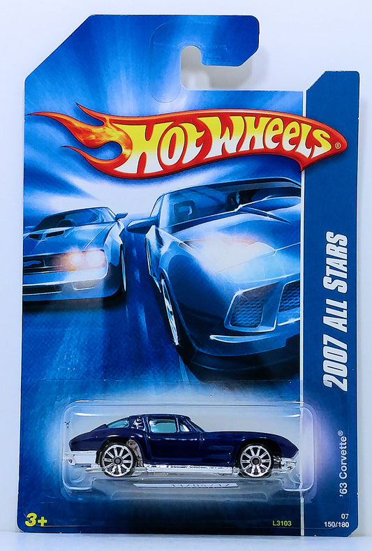 Hot Wheels 2007 - Collector # 150/180 - All Stars - '63 Corvette - Blue - 10 Spoke Wheels - USA Card