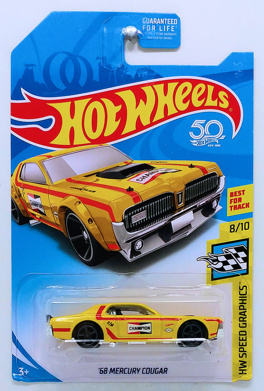 Hot Wheels 2018 - Collector # NONE - HW Speed Graphics 8/10 - '68 Mercury Cougar - Yellow / Champion Spark Plugs - KMart Exclusive - USA 50th Card
