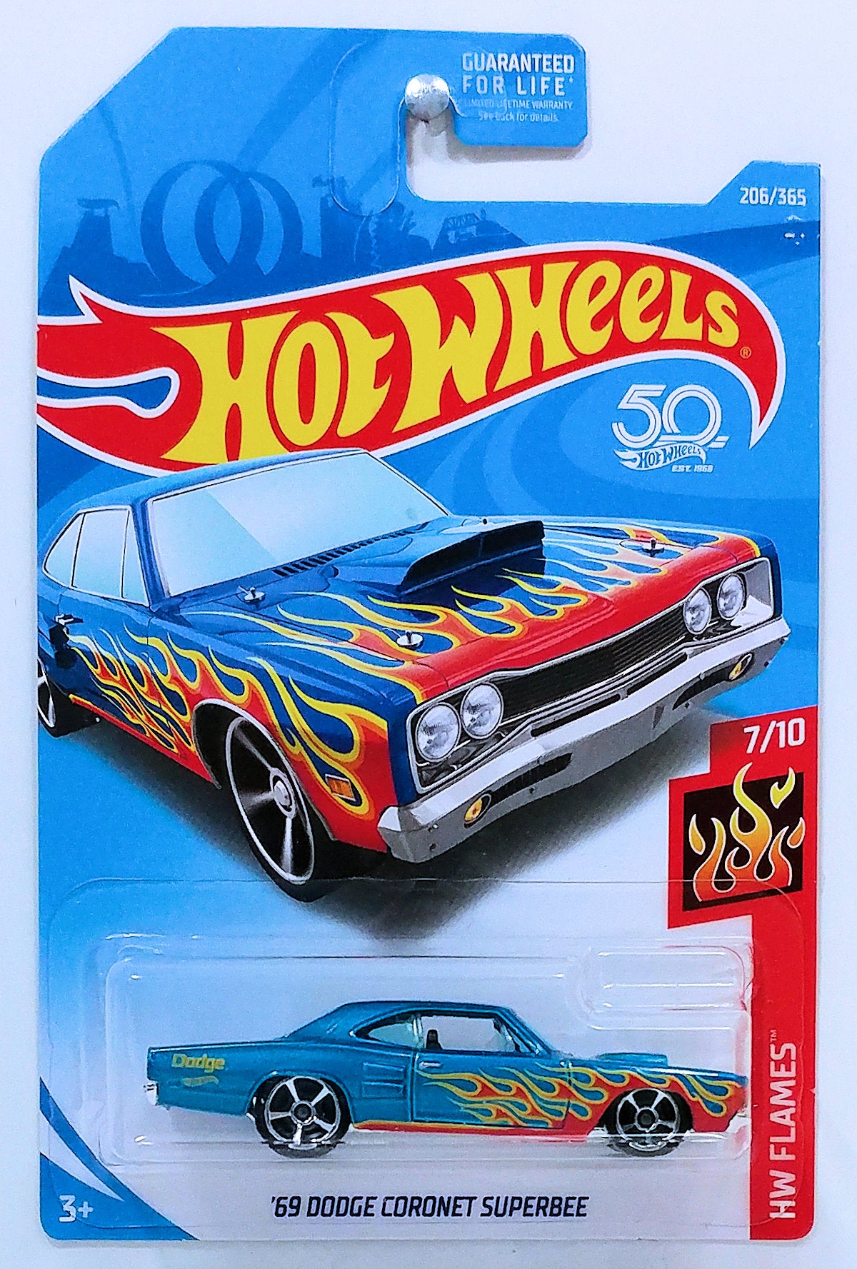 Hot Wheels 2018 - Collector # 206/365 - HW Flames 7/10 - '69 Dodge Coronet Superbee - Blue - USA 50th Card