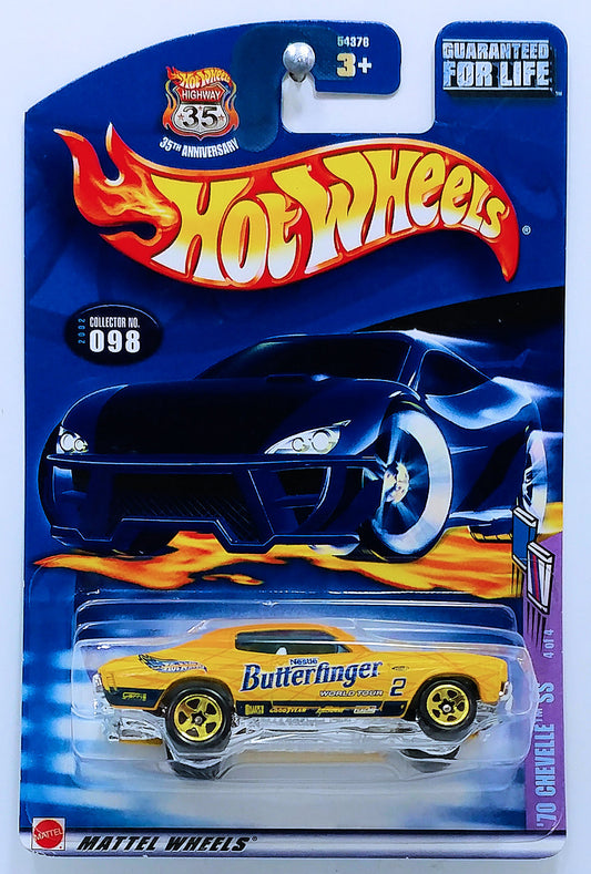 Hot Wheels 2002 - Collector # 098/240 - Sweet Rides 4/4 - '70 Chevelle SS - Yellow / Butterfinger - USA '35th Anniversary' Card